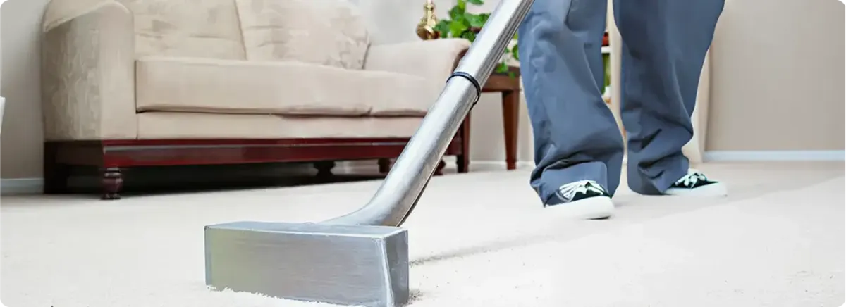 Carpet cleaning technician using a hot-water extraction wand on a light-colored carpet in a living room, Chicago, IL.